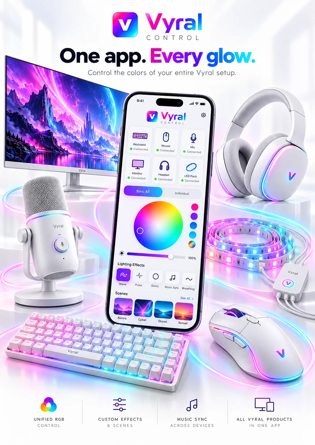Vyral Control promotional artwork showing the app and coordinated Vyral peripherals